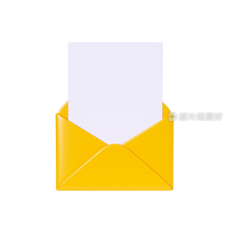 信件3d渲染-打开黄色信封与空纸卡隔离在白色背景。