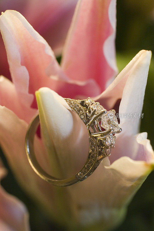 亚洲百合上的钻石戒指