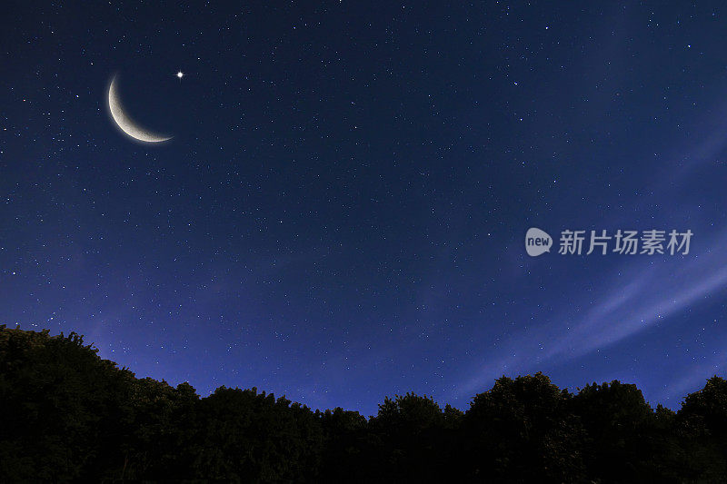 夜晚的天空景观和月亮，星星，斋月卡里姆庆祝