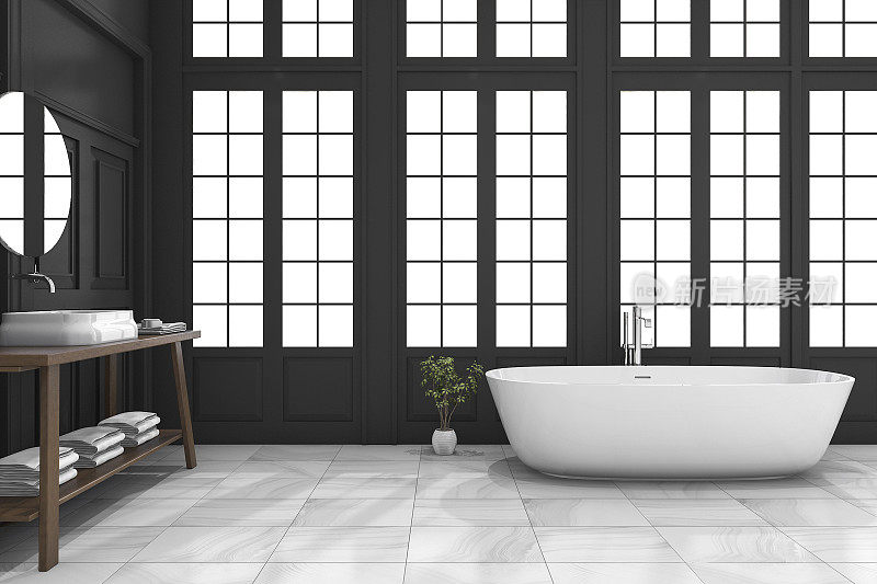3d渲染黑色经典浴室与豪华风格靠近窗户
