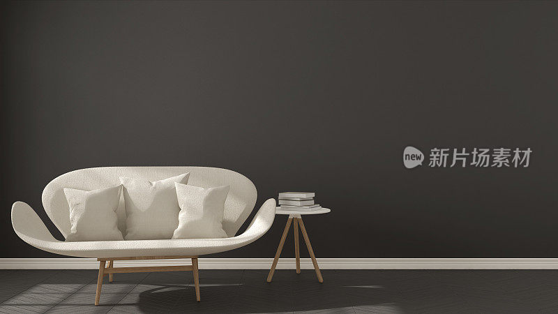 斯堪的纳维亚简约的深色背景，搭配白色沙发人字形天然拼花地板，室内设计