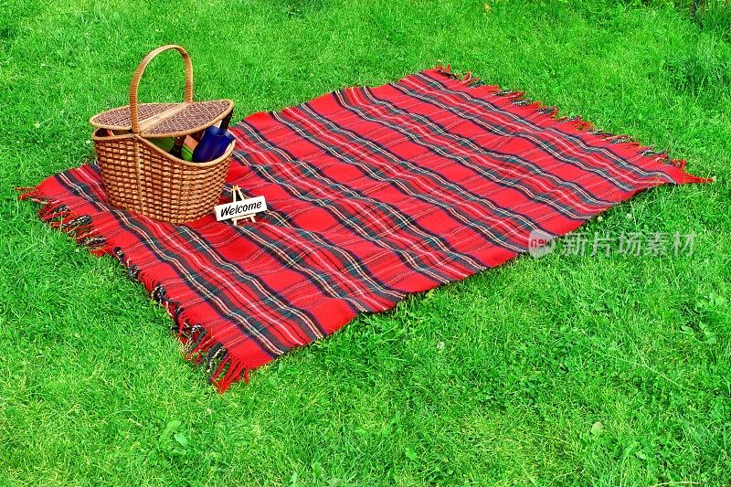 草地上放着野餐毯子和篮子