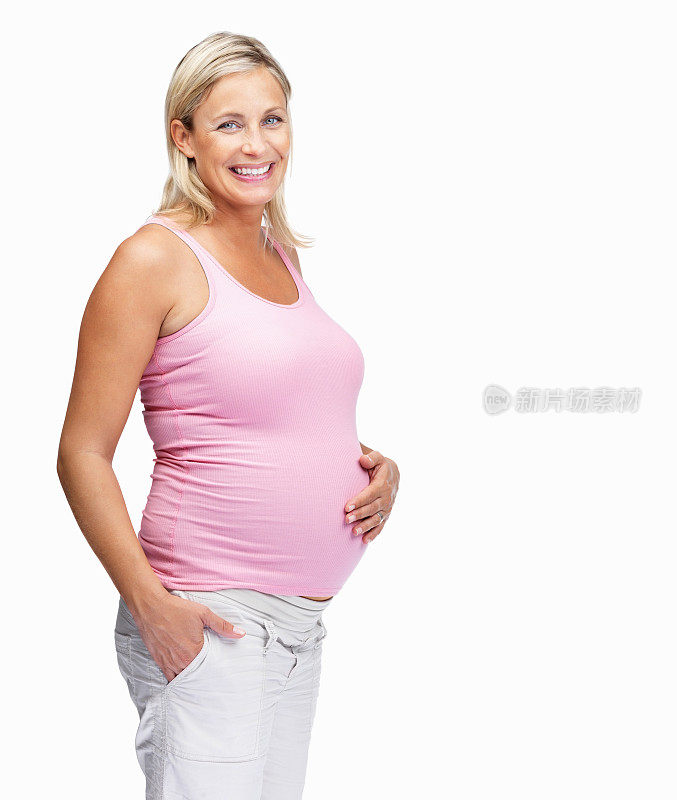 幸福的孕妇用手把肚子隔离过白