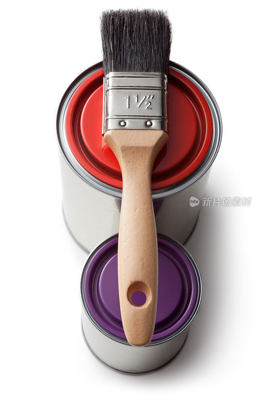 油漆:红色，紫色和画笔隔离在白色背景