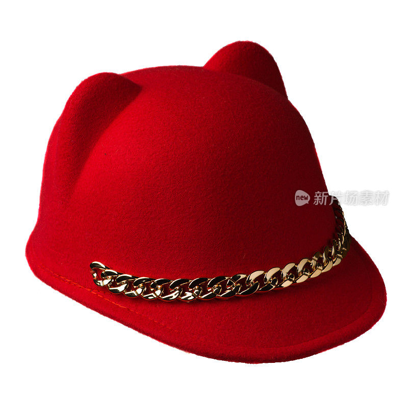 软呢帽孤立在白色背景上。软呢帽与耳朵。红色帽子
