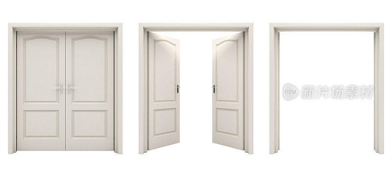 打开白色双扇门，隔离在白色背景上。