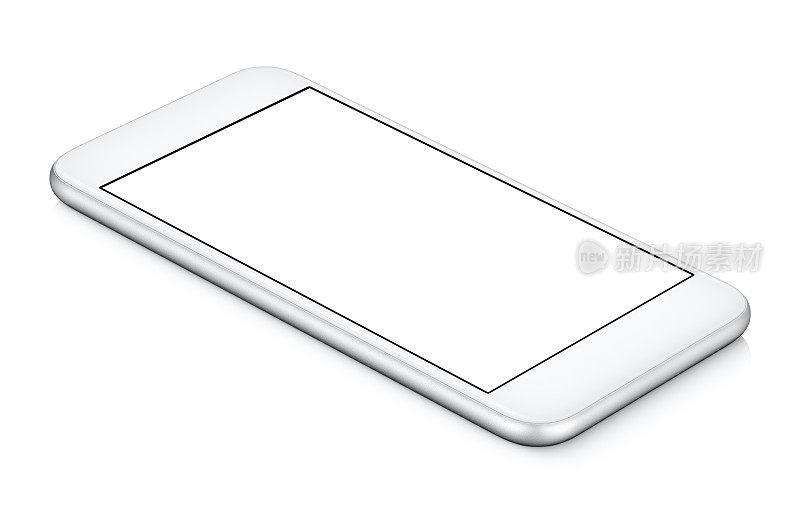 白色智能手机模型CCW旋转躺在表面上，空白屏幕隔离在白色