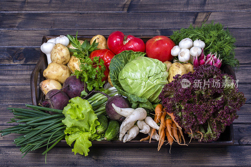 一组新鲜的，生的蔬菜放在质朴的木制餐桌托盘上。选择包括胡萝卜，土豆，黄瓜，番茄，卷心菜，生菜，甜菜根，洋葱，大蒜，萝卜，莳萝和欧芹。前视图,