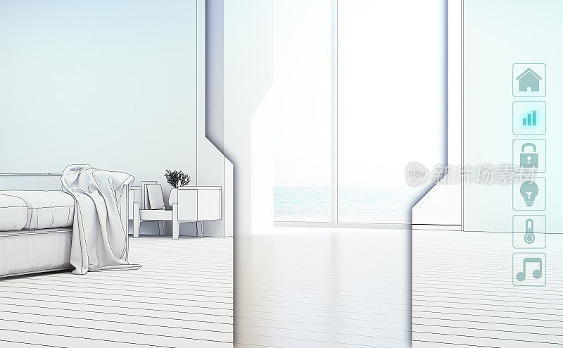 海景客厅的豪华夏季海滩别墅与应用图标在智能家居概念。