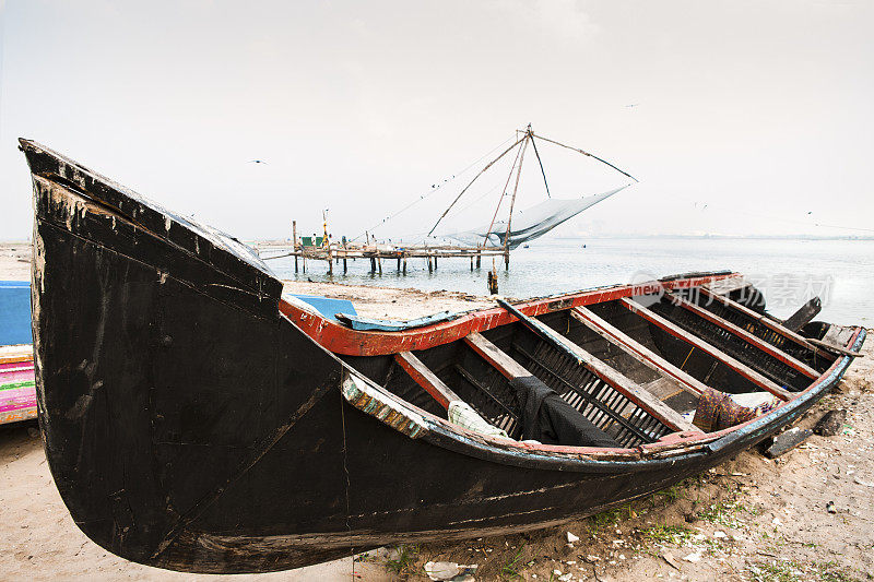印度科钦的渔船和中国渔网