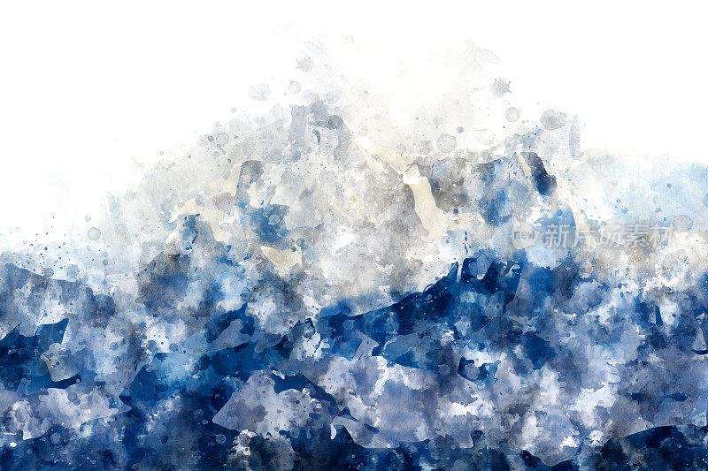 蓝色调山水画抽象画，数字水彩画