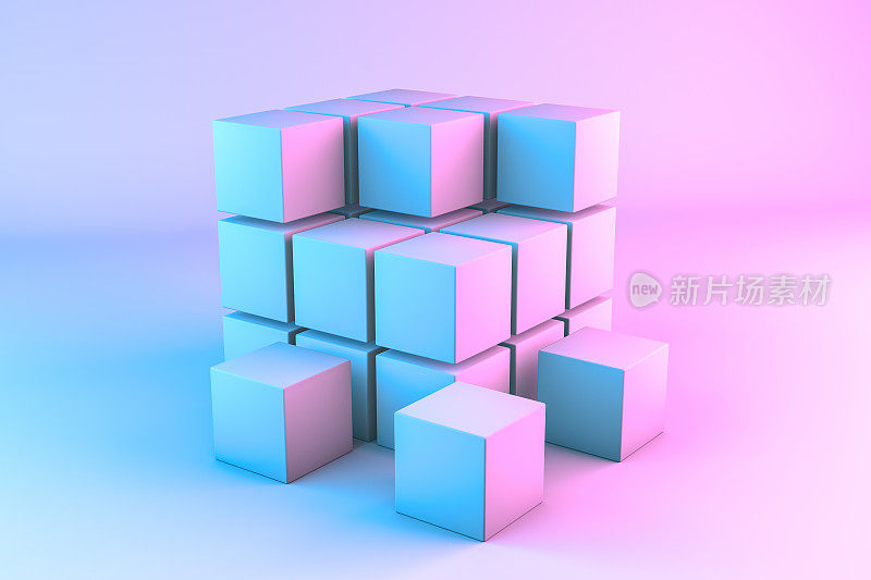 3D渲染立方体块与霓虹灯