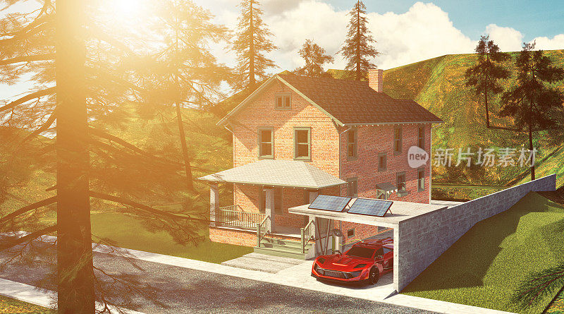 太阳能被用来给停在房子旁边的电动汽车充电