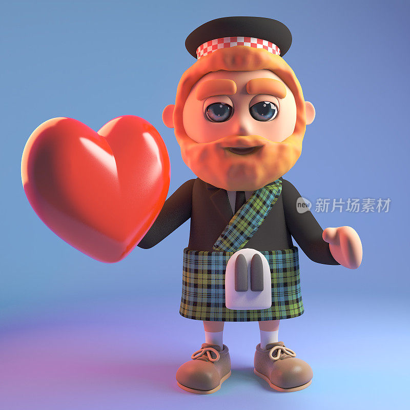 浪漫的3d苏格兰男子在格子裙与sporran持有一个红色的心，3d插图