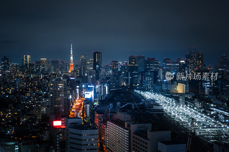 东京-日本，日本，城市天际线，夜，东京塔