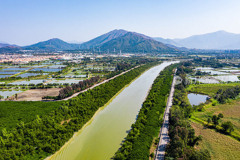 大生围元朗鱼塘的鸟瞰图