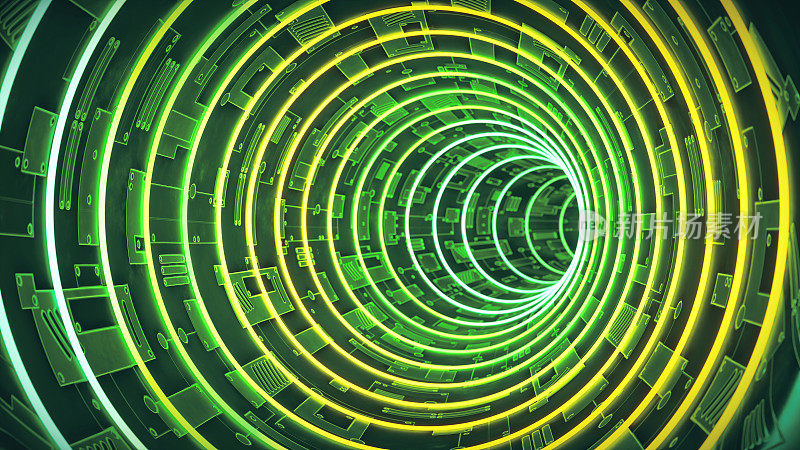 发光的绿色虚拟现实人工隧道螺旋技术设计递减的视角和电路板
