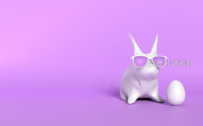 现代复活节兔子戴眼镜与白色复活节彩蛋在紫色的背景