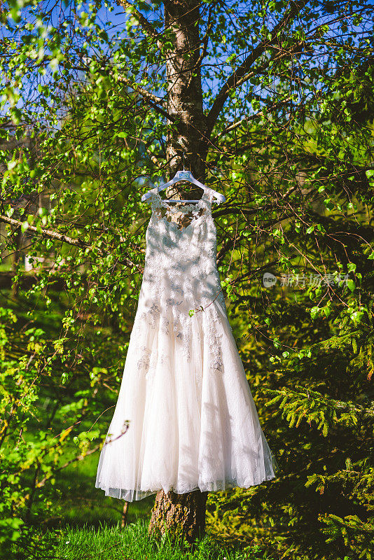 婚纱挂在花园里的树枝上
