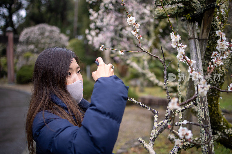 年轻女子戴着防护面罩在公园里拍摄梅花的照片