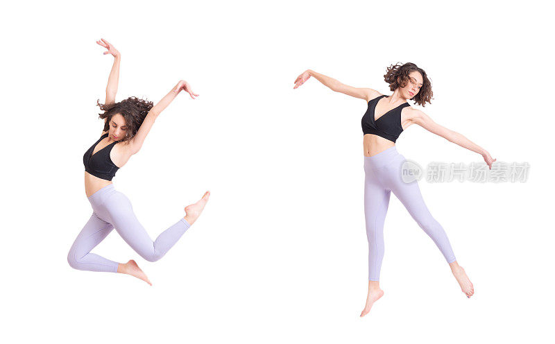 健康的女人做跳过白色的背景。
