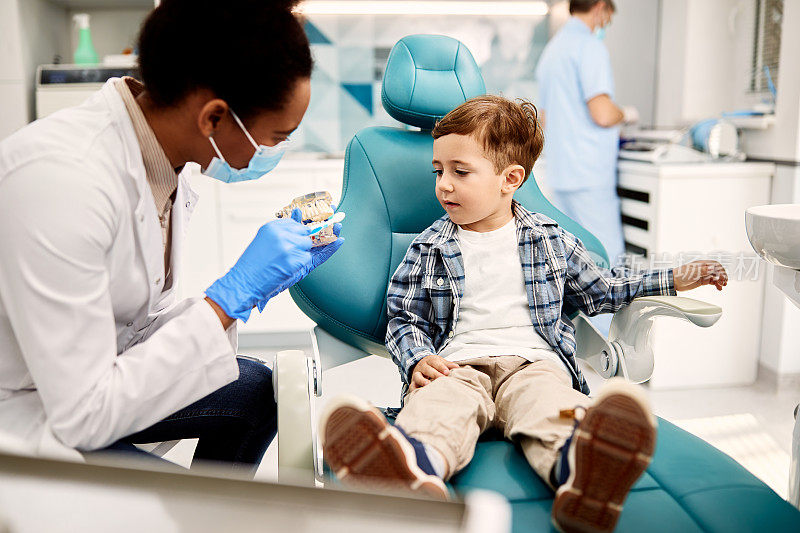 非裔美国牙医教孩子在牙科预约时如何刷牙。