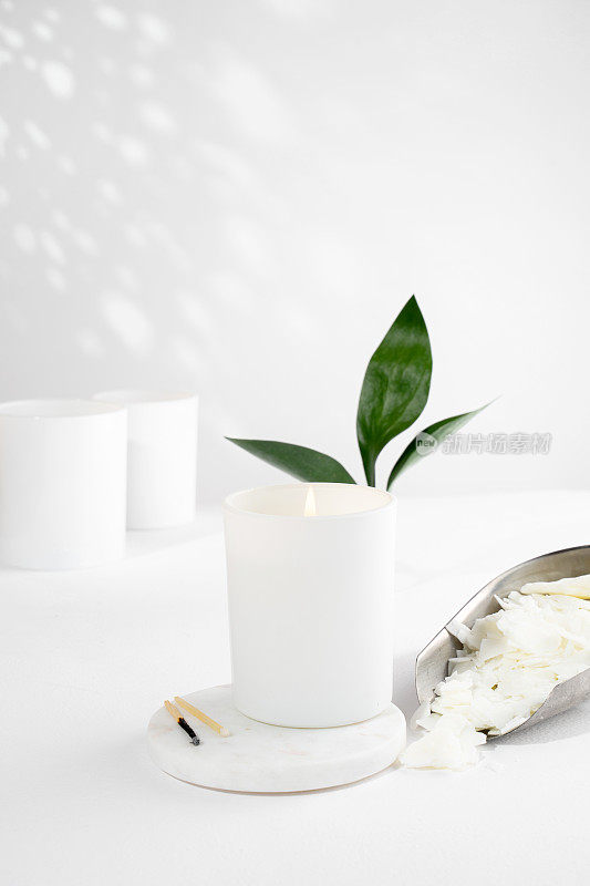 大豆蜡蜡烛在一个白色的陶瓷罐，绿色的叶子，植物在白色的背景。天然环保有机蜡烛。时尚的概念。极简主义者。等角投影。副本的空间。
