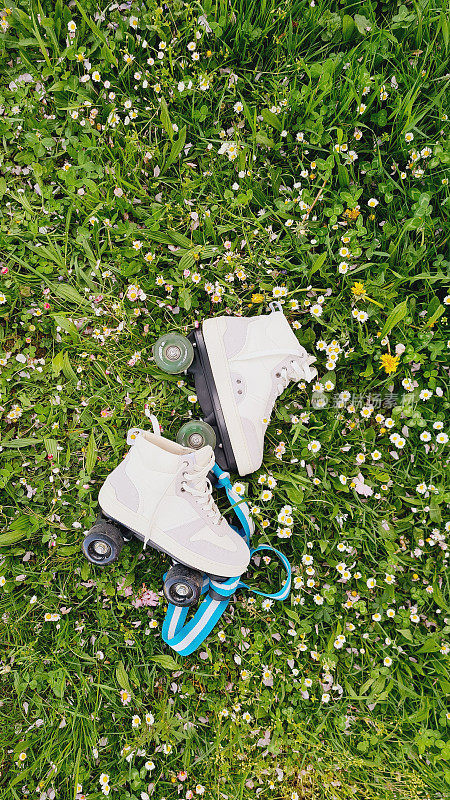 从上往下看，白色溜冰鞋躺在花之间的草地上。