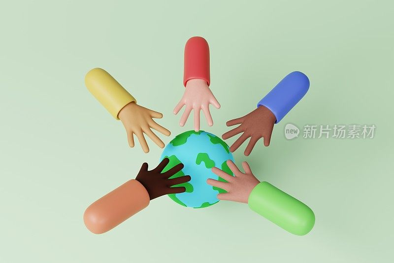 3D渲染多民族多元双手覆盖全球。人人拯救世界的理念