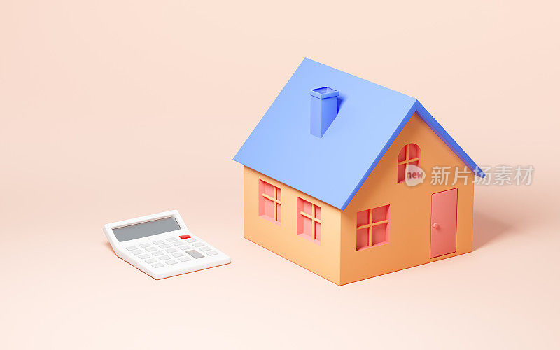 一个房子和一个计算器，计算房子的价格，3d渲染。