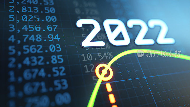 日历年2022与发光的绿色线条图和财务数字电子表格深蓝色的背景。特写，散焦构图。