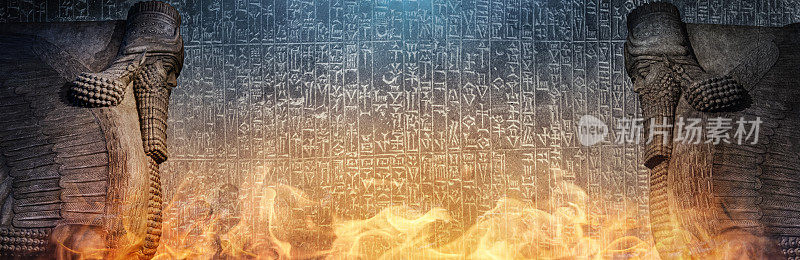 古代苏美尔楔形文字和亚述神话神拉马苏的有翼雕像。主题的历史背景是亚述文明、美索不达米亚文明、巴比伦文明、苏美尔文明。