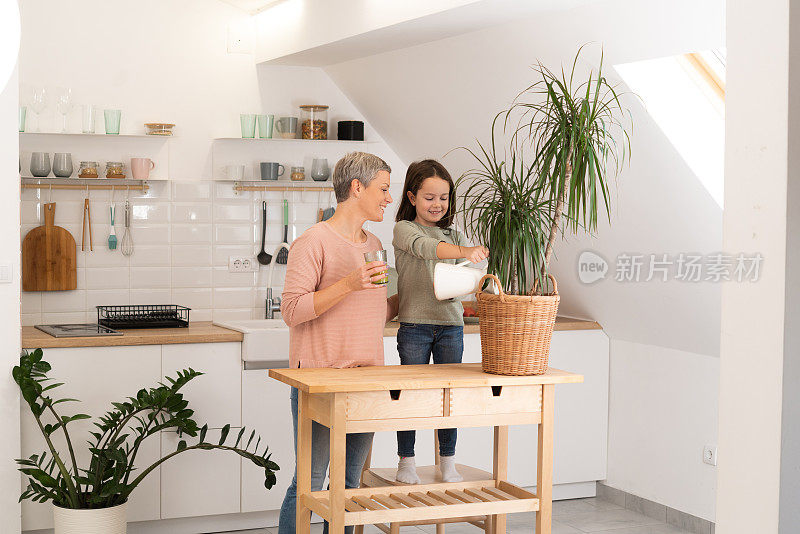 快乐的女人带着一个小女儿在家里种植室内植物