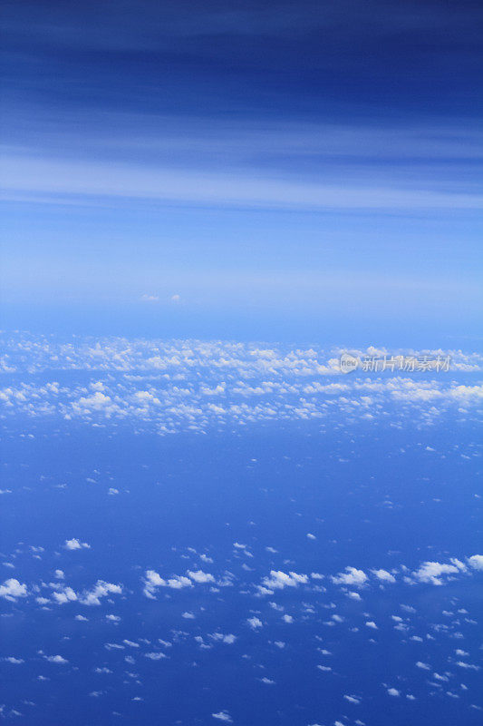 Cloudscape背景。从飞机的窗户往外看。白云蓝天，浓淡不一。