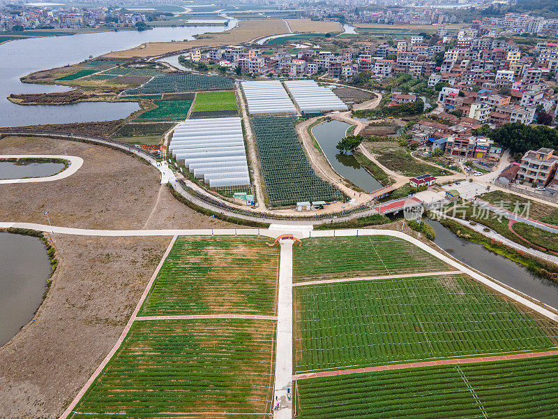 现代乡村建筑和农业用地鸟瞰图