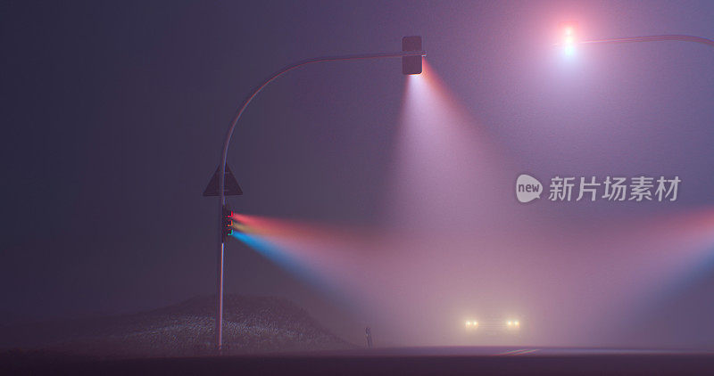 神秘的形象，在雾中的大灯被紫色的交通灯照亮