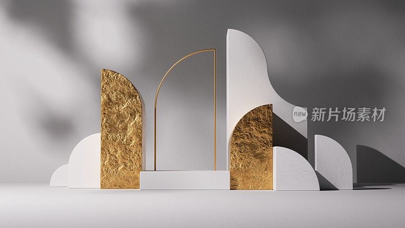 三维渲染，抽象的极简主义背景与讲台，金色拱门，几何块和阴影。空台。空白展柜，产品展示的空平台