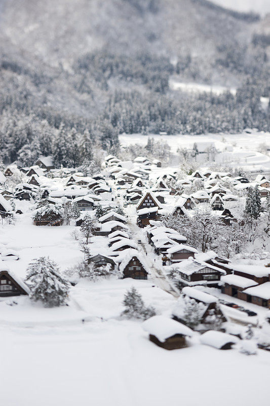 白雪覆盖的白川古村的微缩视图，岐阜小野郡白川大分大木村