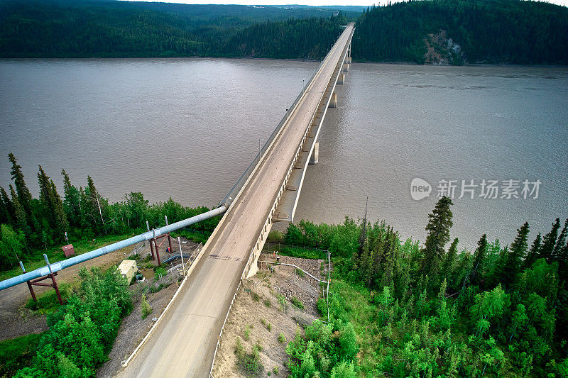 空中无人机图像的木板育空河大桥向南看与阿拉斯加管道运行平行的道路方式，因为它穿过育空河