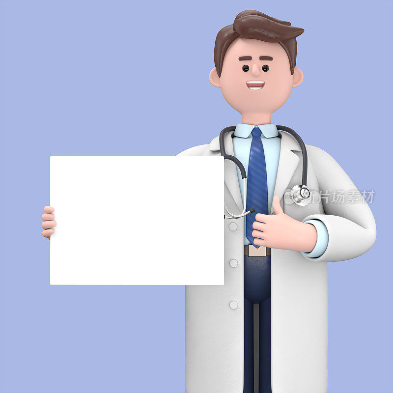 男医生林肯的三维插图拿着标书，大拇指向上，医学演示剪贴画在蓝色背景上隔离