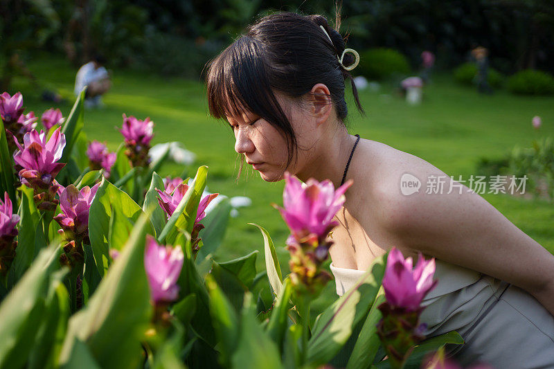 亚洲女孩赏花