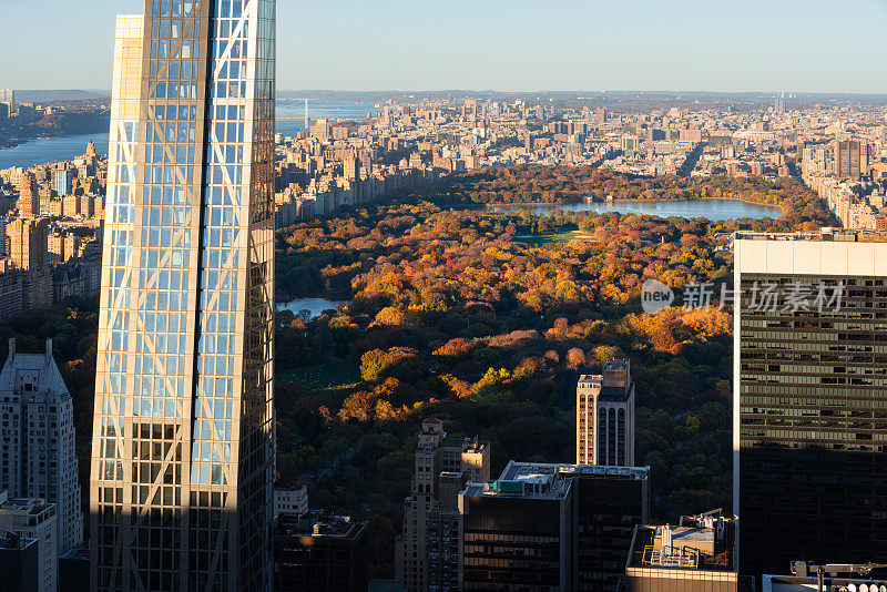 秋季中央公园鸟瞰图，日落时分，亿万富翁街的超高层摩天大楼。纽约曼哈顿
