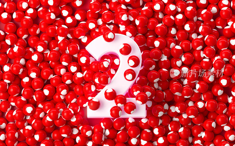 情人节背景-白色数字2被白色心形纹理的红色球体包围