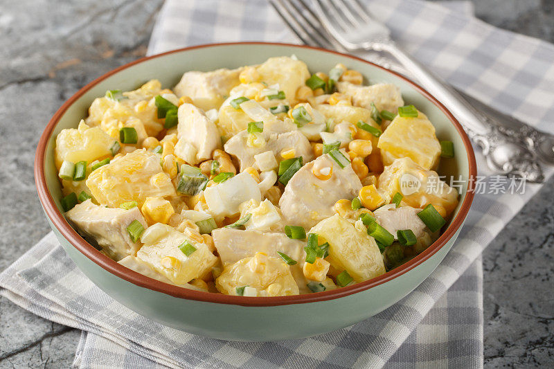 鸡肉菠萝沙拉配玉米、奶酪、鸡蛋和洋葱，配上蛋黄酱。水平
