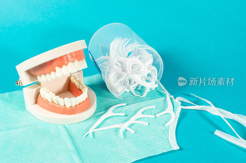 牙线和牙齿模型，牙线牙签蓝绿色背景。