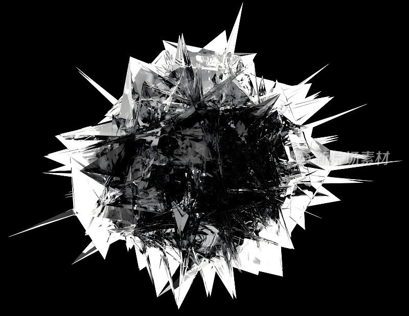 三维渲染黑白单色，超现实的钻石碎玻璃分形立方体物体，在变形转化过程中周围有锋利的针