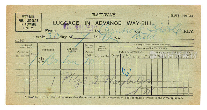 “行李预付”运单，1901年