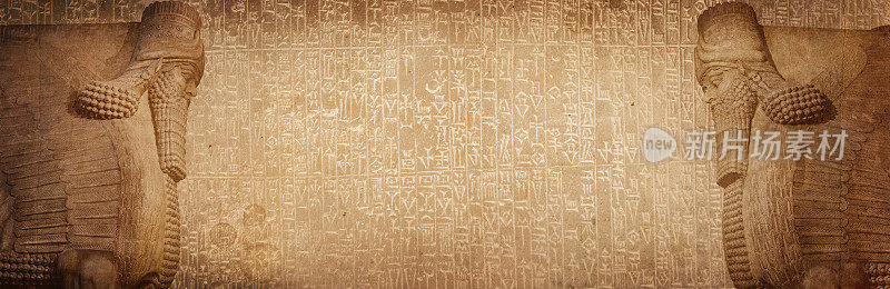 古代楔形文字苏美尔文字和拉马苏的翅膀雕像，神话中的亚述神。关于亚述、美索不达米亚、巴比伦、干涉、苏美尔文明主题的历史背景。