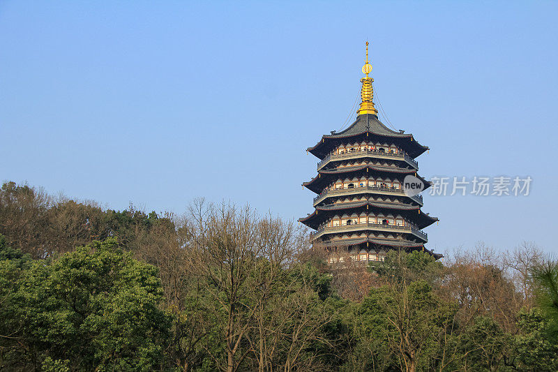 中国杭州前景中的雷峰塔和树木。