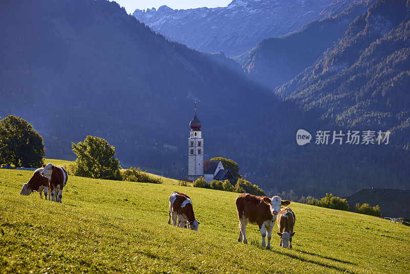 白云石阿尔卑斯山脉的高山景观，山谷中典型的教堂(圣瓦伦丁教堂)